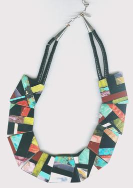 Bib necklace by Delbert Crespin with jet, turquoise, pipestone, serpentine, spiny oyster and other stones.